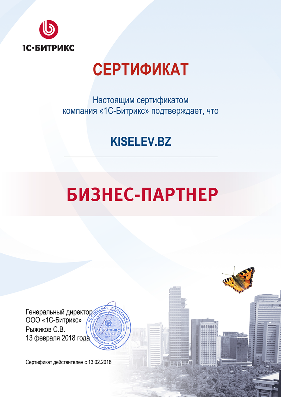 Сертификат партнёра по СРМ системам в Нерчинске
